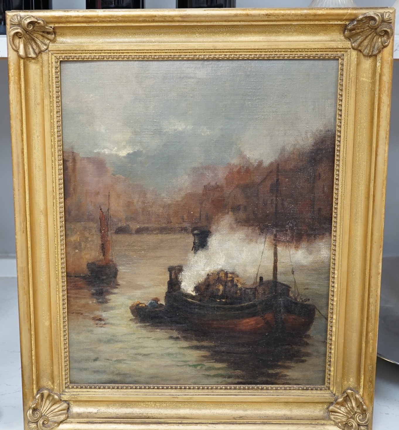 19th century, oil on canvas, Dredger at work, Whitby, partial inscribed artist label verso, unsigned, 39 x 31cm, gilt framed. Condition - fair to good